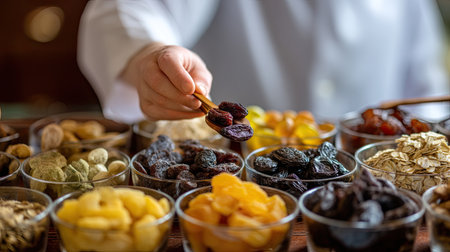 A captivating arrangement of colorful dried fruits and nuts in various bowls, showcasing the vibrant textures and flavors available for healthy snacking or culinary use.の素材