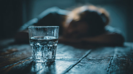 A close-up of a glass of water resting on a weathered wooden table, with a blurred figure in the background, creating a serene and introspective atmosphere.の素材