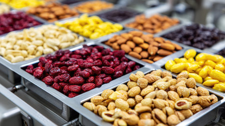 A vibrant display showcasing an assortment of nuts and dried fruits in a gourmet market, highlighting their colorful textures and healthy appeal.の素材