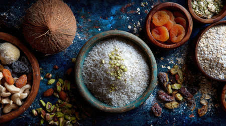 A vibrant arrangement of dried fruits, nuts, and grains displayed in rustic bowls. The image captures natural textures and colors, perfect for culinary inspiration.の素材