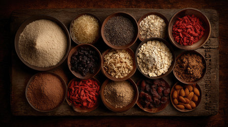 A stunning overhead view of an assortment of natural ingredients displayed in wooden bowls. Ideal for culinary, wellness, and food-related themes, highlighting diverse textures and colors.の素材