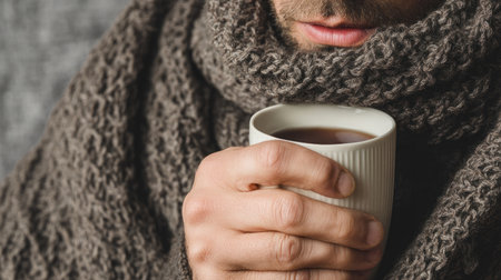A cozy individual enjoys a warm beverage while wrapped in a thick knit scarf. The intimate close-up captures the serene moment of relaxation and comfort.の素材
