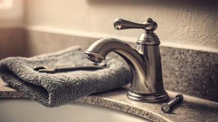 A beautifully designed bathroom faucet rests on a sleek marble countertop alongside a soft towel and a wrench, reflecting a blend of style and function.の素材