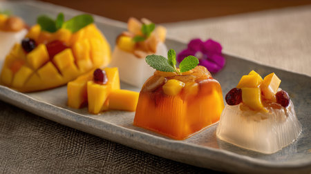 An exquisite display of colorful Asian desserts on an elegant plate, featuring jelly, fresh mango, and mint leaves for a delightful culinary experience.の素材