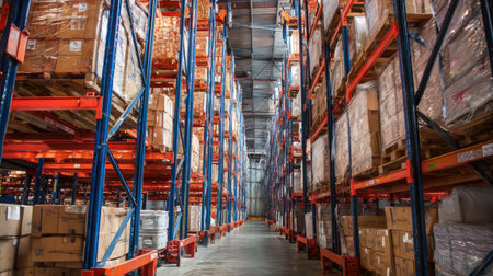 A spacious warehouse aisle showcasing high metal racks filled with stacked boxes. This organized environment illustrates efficient storage practices vital for logistics and distribution.の素材
