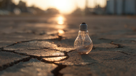 A glass light bulb rests on cracked pavement, catching the golden rays of sunset. This serene scene evokes feelings of creativity and tranquility.の素材