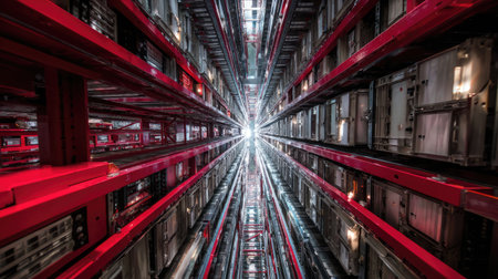 Captivating perspective view of an industrial framework with vivid red elements, leading to a bright light source at the center. A striking architectural composition.の素材