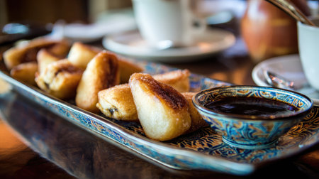 A vibrant plate of golden crispy dumplings accompanied by a rich sweet sauce, perfect for sharing or enjoying as a delightful snack.の素材