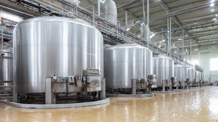 A row of shiny stainless steel storage tanks located in a modern food processing facility. The bright and clean environment showcases advanced machinery and technology.の素材