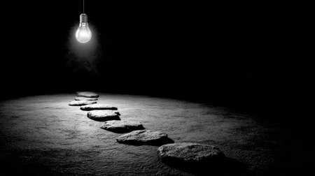 This captivating image showcases a path of stones leading into darkness, illuminated by a vintage light bulb, creating an atmosphere of mystery and minimalism.の素材