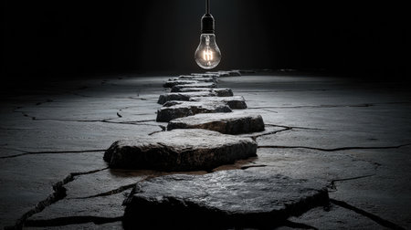 A striking image featuring a hanging light bulb illuminating a rocky pathway in a dark setting. This composition evokes feelings of mystery and exploration.の素材