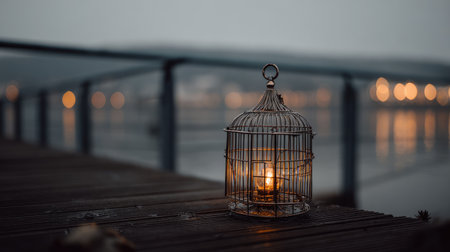 A vintage birdcage lantern stands on a wooden deck by the water, casting a warm and inviting glow against a soft bokeh backdrop at dusk.の素材