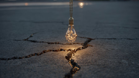 A captivating light bulb hangs gracefully over a crack in an asphalt roadway, illuminating the surroundings with a warm, ambient glow at twilight.の素材