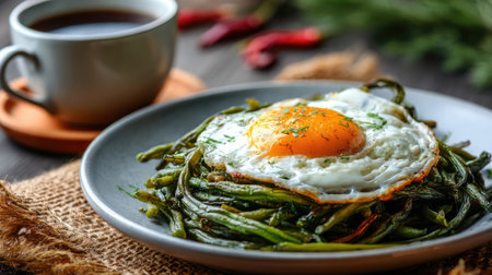 A vibrant plate of green bean stir-fry crowned with a perfectly fried egg, accompanied by a steaming cup of coffee, ideal for a cozy breakfast.の素材
