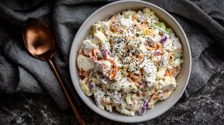 A delicious creamy vegetable salad featuring a mix of fresh ingredients like carrots and cucumbers. Perfect for a healthy meal or side dish.の素材