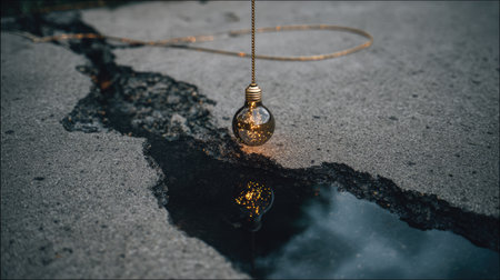 A captivating decorative pendant lamp hangs delicately over an urban asphalt crack, casting a warm glow that reflects in a nearby puddle, evoking serenity.の素材