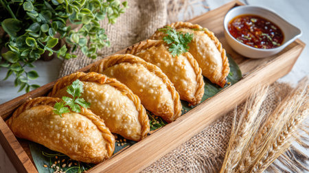 This image showcases crispy golden fried pastries arranged neatly on a rustic wooden platter alongside a tangy dipping sauce. Garnished with fresh herbs, this inviting dish is perfect for sharing in a cozy dining setting.の素材