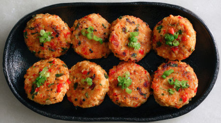 Indulge in these delicious savory round patties made from fresh vegetables and aromatic spices, beautifully garnished and served on a black plate.の素材