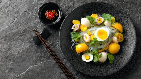 Discover a vibrant Asian dish featuring rice noodles topped with fresh vegetables, a soft egg, and aromatic herbs, beautifully arranged on a dark plate.の素材