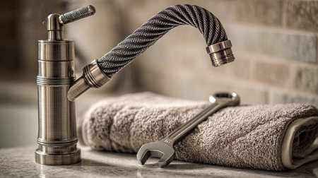 A modern kitchen faucet featuring a flexible hose design, positioned with a wrench and soft towel on a stylish countertop, perfect for home renovation projects.の素材