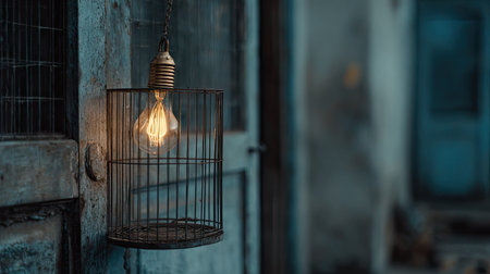 A beautifully designed vintage light bulb enclosed in a birdcage hangs near an old wooden door, creating a unique and mysterious ambiance for any space.の素材