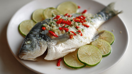 A beautifully presented dish featuring steamed fish topped with garlic, chili, and lime, resting on a plate with fresh lime slices, exuding freshness and flavor.の素材