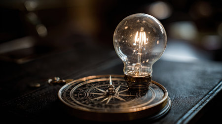 This captivating image features a vintage compass paired with a glowing Edison light bulb, symbolizing the fusion of adventure and innovation on a textured leather surface.の素材
