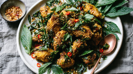 A vibrant and flavorful mint chicken dish garnished with fresh herbs and spicy red chili, perfect for summer dining and culinary inspiration.の素材