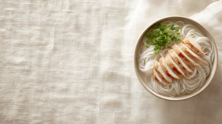 A delectable serving of rice noodles topped with succulent grilled chicken slices and fresh green herbs, perfect for a healthy meal or culinary inspiration.の素材
