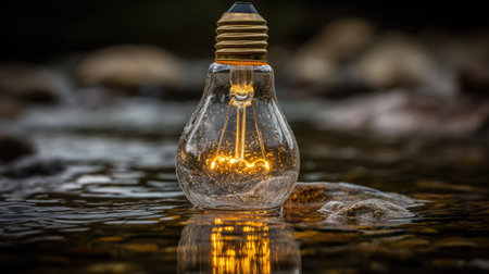 A captivating light bulb stands in still water, featuring a glowing filament that reflects beautifully against natural stones, evoking serenity and elegance.の素材