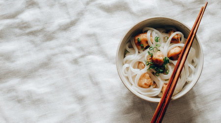 A beautifully arranged bowl of rice noodles topped with succulent chicken pieces and vibrant green onions, offering a fresh and delicious dining experience.の素材