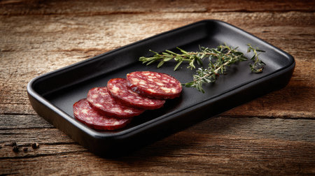 A beautifully arranged plate displaying sliced cured sausage accompanied by fresh thyme, set on a rustic wooden surface that enhances the visual appeal.の素材