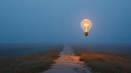A captivating image featuring a large illuminated light bulb standing on a foggy pathway, evoking feelings of creativity and inspiration in a serene landscape.の素材