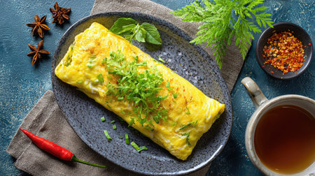 A beautifully presented vegetable omelette, garnished with fresh herbs and spices, offers an inviting culinary experience for breakfast or brunch.の素材