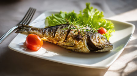 A perfectly grilled fish presented on a white plate, surrounded by vibrant cherry tomatoes and fresh herbs, creating an appealing dish for any dining occasion.の素材