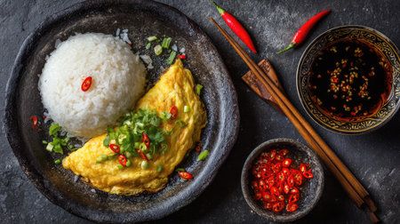 A beautifully arranged dish featuring a fluffy omelette topped with green onion, served alongside steamed rice and vibrant chili peppers, perfect for food lovers.の素材