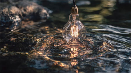 A captivating light bulb floats above a water surface, creating ripples and reflections. This serene image evokes tranquility in a natural setting, ideal for creative projects.の素材