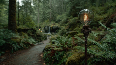 A beautiful forest trail illuminated by a vintage light bulb adds charm to the serene landscape, surrounded by lush greenery and soothing natural elements.の素材