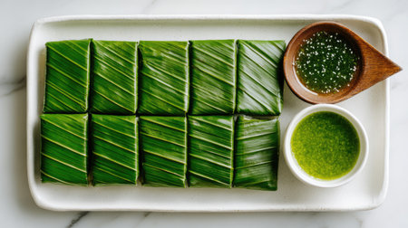 A beautifully arranged plate of traditional Asian dessert wrapped in green leaves with dipping sauces, showcasing the essence of culinary artistry and culture.の素材