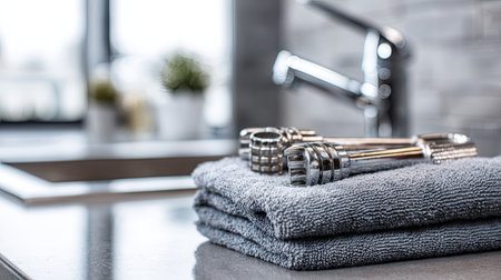A beautifully arranged kitchen scene featuring soft towels and sleek utensils on a polished countertop, highlighting modern design and cleanliness.の素材