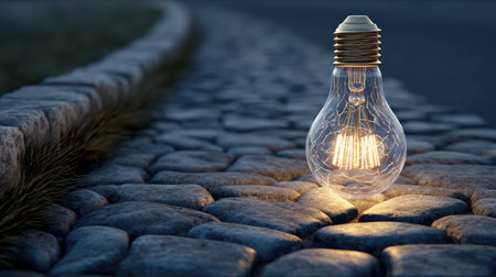 A beautifully crafted vintage light bulb shines softly on a cobblestone pathway, creating a warm and inviting atmosphere at twilight. Perfect for design projects.の素材