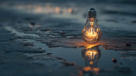 A captivating image of a glowing lightbulb standing in shallow water, showcasing intricate filament design. The water reflects the light, creating a serene atmosphere.の素材