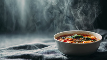 A steaming bowl of soup showcases a blend of fresh vegetables, flavorful broth, and aromatic spices, creating a cozy dining experience in a kitchen.の素材