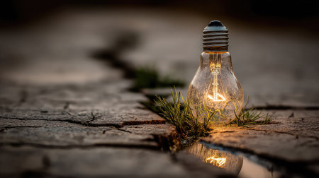 A glowing light bulb rests in cracked earth, surrounded by tender grass, representing resilience and hope in a harsh environment. A beautiful contrast of light and nature.の素材