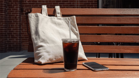 A cozy outdoor scene featuring a refreshing iced coffee in a glass placed on a wooden bench, accompanied by a stylish reusable tote bag and a smartphone, inviting relaxation in the sun.の素材