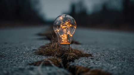 A stunning image of a glowing light bulb sitting on a cracked asphalt road, surrounded by patches of grass, blending nature with artistry and innovation.の素材