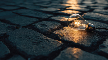 A beautifully captured light bulb rests on cobblestones, radiating a serene warm glow. The evening atmosphere creates a tranquil setting, perfect for artistic and decorative purposes.の素材