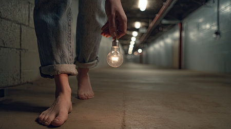 A person walks barefoot in a dim underground corridor holding a glowing light bulb, symbolizing illumination and exploration amidst darkness.の素材