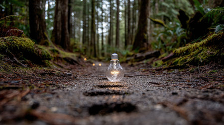 A captivating light bulb rests on a forest path, surrounded by lush greenery and towering trees, creating a serene and magical atmosphere in nature.の素材