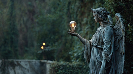 This exquisite angelic statue holds a glowing light bulb amid lush greenery, symbolizing inspiration and creativity in a tranquil outdoor environment.の素材